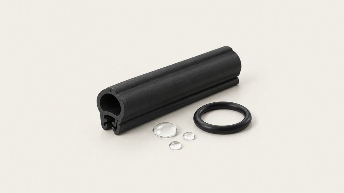Чёрный уплотнительный профиль EPDM (дверной) и кольцо, рядом капли воды